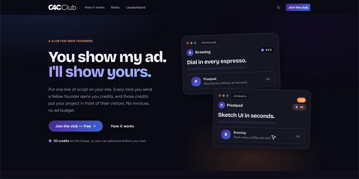 Click 4 Click Club - Swap clicks with fellow indie founders effortlessly.